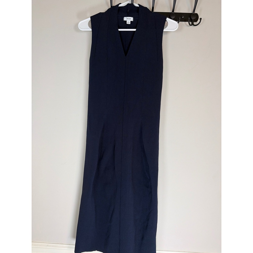 Reiss Ella Navy Blue Ribbed Knit Sleeveless V-Neck Midi Dress Small